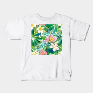 Summer tropical Plumeria flowers, palm leaves watercolor botanical illustration. Colorful Paradise floral composition. Vibrant jungle print. Kids T-Shirt